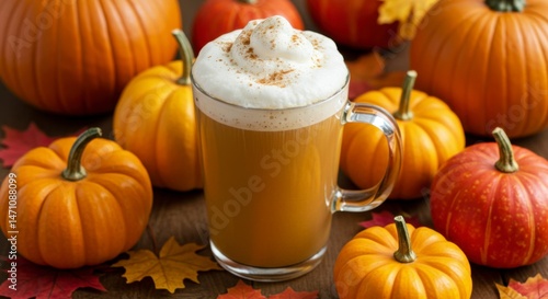 Fototapeta Naklejka Na Ścianę i Meble -  Pumpkin spice latte surrounded by pumpkins