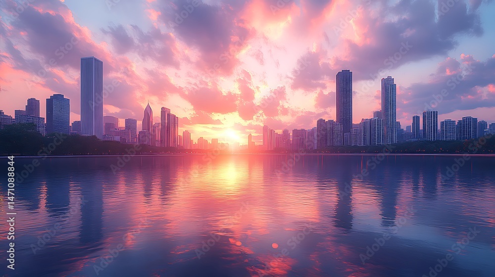 Fototapeta premium Stunning Chicago Skyline Sunset Over Calm Waters high resolution image