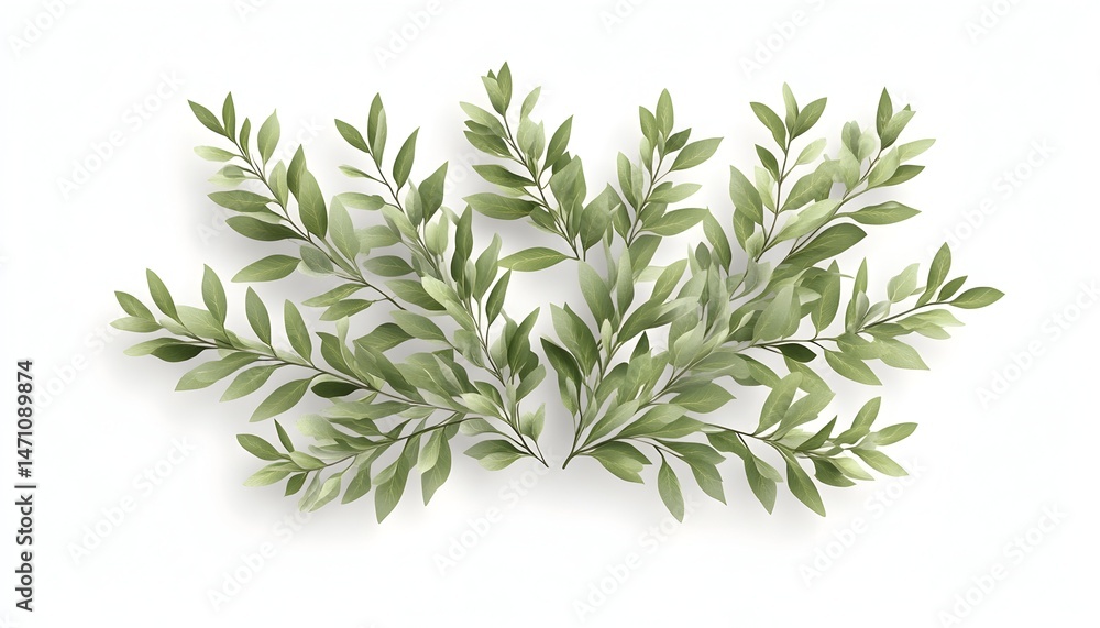 A cluster of green leaves with delicate branches arranged in a symmetrical pattern against a white background A cluster of green leaves with delicate branches arranged in a symmetrical pattern against a white background