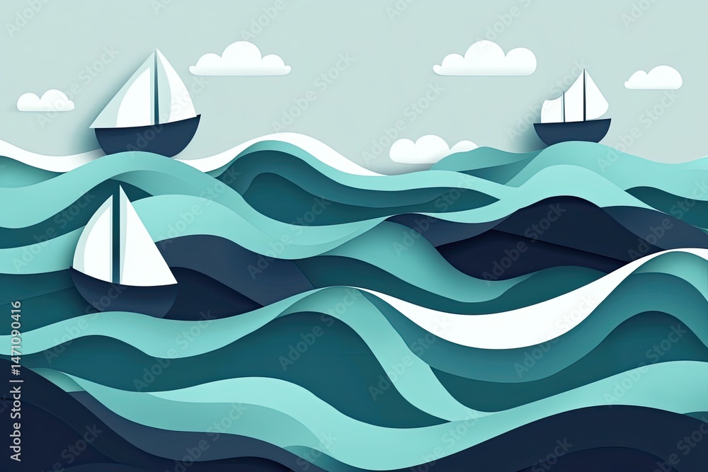 Flat vector background with waves and boats navy and seafoam green palette nautical and clean. Flat vector background with waves and boats navy and seafoam green palette nautical and clean.