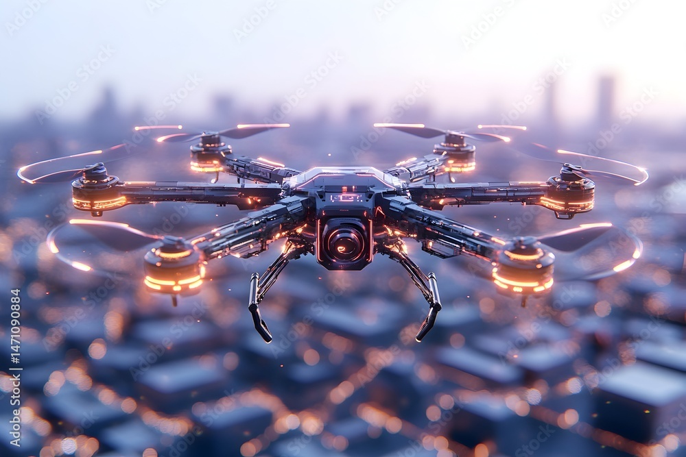 A futuristic drone with glowing red propellers hovering in front of a blurred cityscape at sunrise A futuristic drone with glowing red propellers hovering in front of a blurred cityscape at sunrise