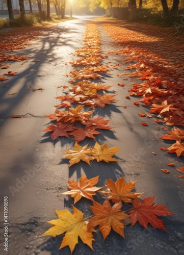 Crisp autumn morning, sunlight illuminating fallen maple leaves on path, outdoor, fall foliage, woods