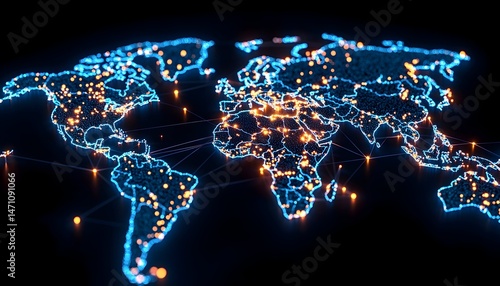 Fototapeta Naklejka Na Ścianę i Meble -  A glowing blue and orange world map with interconnected lines representing a network of connections, depicting global connectivity