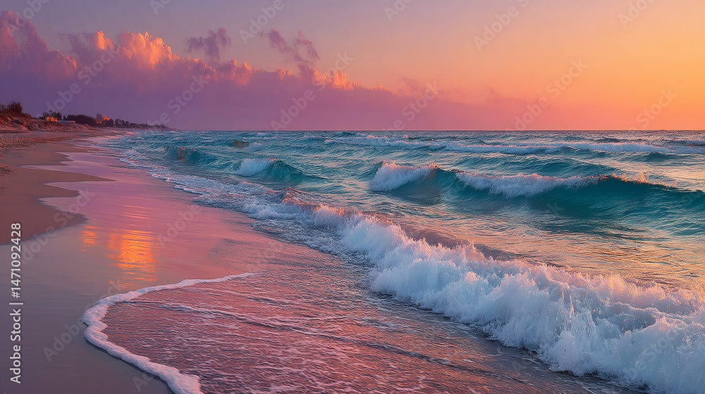 Naklejka premium Calm ocean waves at sunset beach serene landscape tranquil evening coastal view