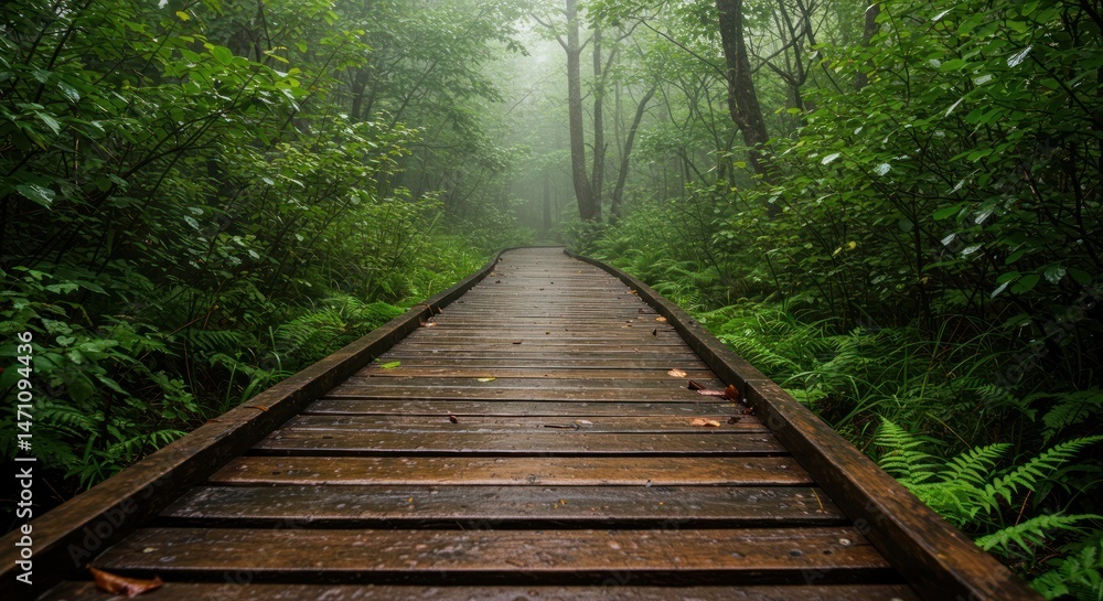 Obraz premium Wooden boardwalk path through a lush green forest with fog in the background.