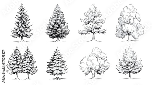Hand drawn sketch of eight different types of trees, including evergreen and deciduous trees, isolated on white background
