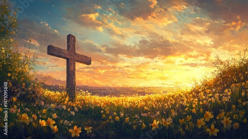 Wooden cross amidst floral field at sunset expressing faith hope