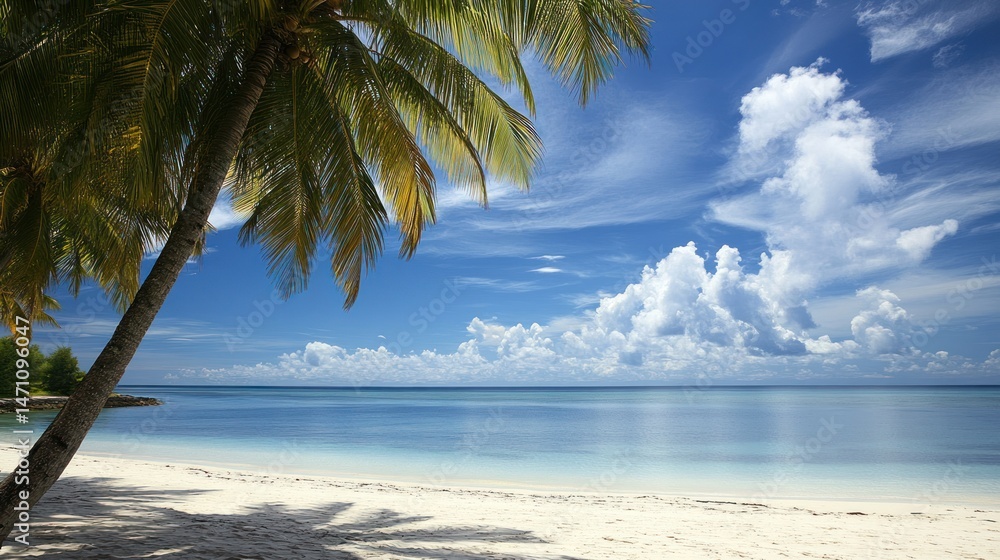 Fototapeta premium Serene beach scene with palm trees against a vibrant sky backdrop