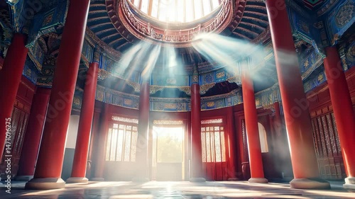 Sunlight shines inside ancient Chinese architecture