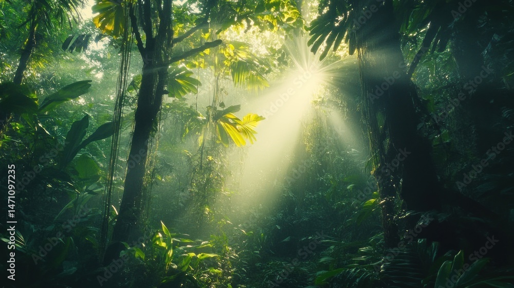 Obraz premium Sunlight Filtering Through Lush Green Canopy in Verdant Rainforest