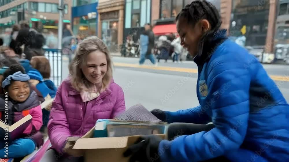 Adults and children joyfully share books from boxes on a city sidewalk in a heartwarming community literacy event Adults and children joyfully share books from boxes on a city sidewalk in a heartwarming community literacy event