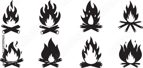 Fire icon silhouette vector set. camp fire icon bonfire burning on firewood sign vector illustration 