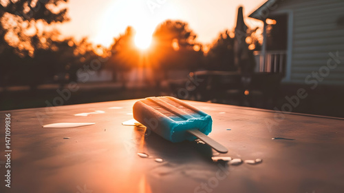 Melting popsicle at sunset evoking nostalgia and warm summer feelings