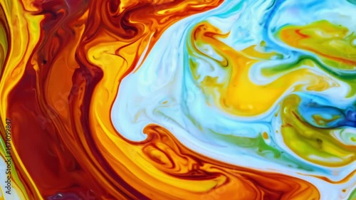 A colourful liquid paint mix of orange, yellow and blue that creates dynamic abstract patterns. The colours blend to create mesmerising marble-like textures with smooth flowing movements.