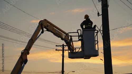 Lineman working on power lines at sunset with lift machine