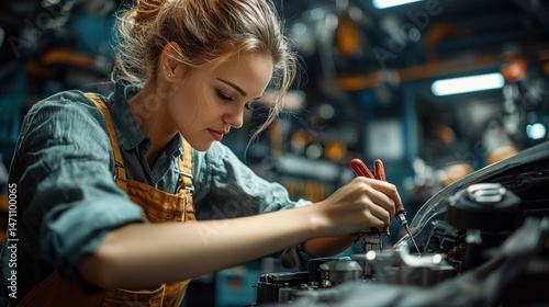 A focused female mechanic in a yellow apron works diligently on a car engine in a busy automotive repair shop with tools and parts surrounding her closely nearby.