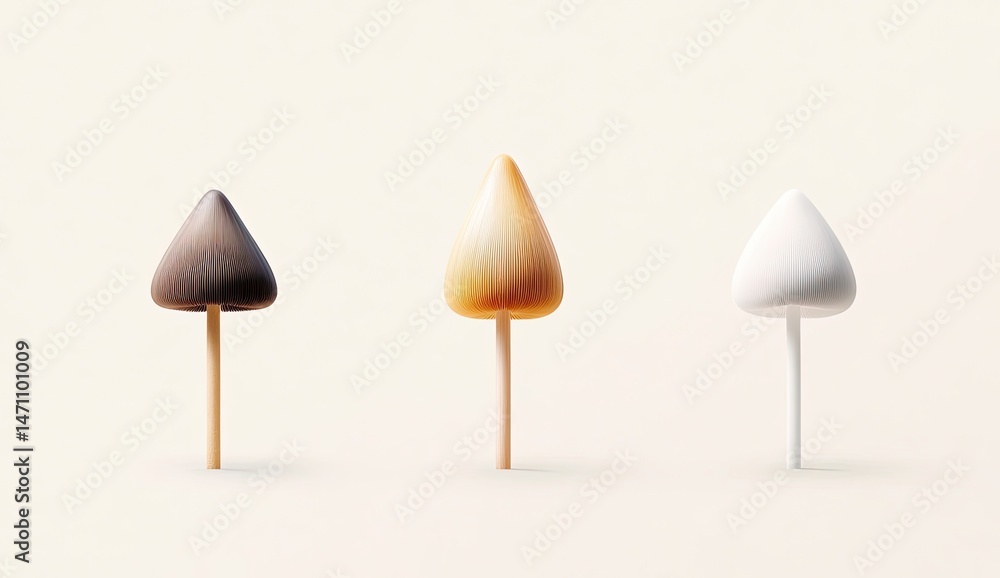 Three stylized miniature trees in varying colors; brown, beige, and white, presented on a light beige background. Each tree has a conical shape and a wooden-like stem Three stylized miniature trees in varying colors; brown, beige, and white, presented on a light beige background. Each tree has a conical shape and a wooden-like stem