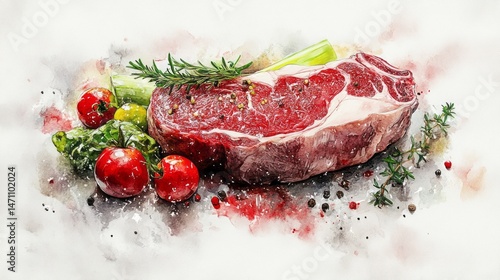 Artistic depiction of a steak with herbs and vegetables.