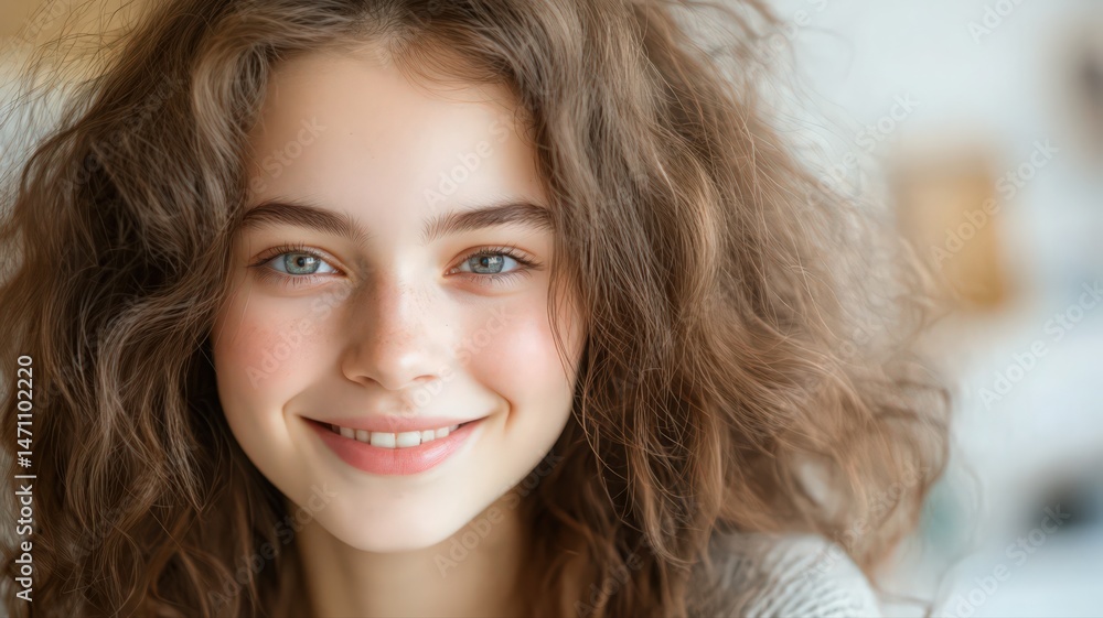 Close Up Portrait of Smiling Young Woman with Curly Brown Hair and Blue Eyes Close Up Portrait of Smiling Young Woman with Curly Brown Hair and Blue Eyes