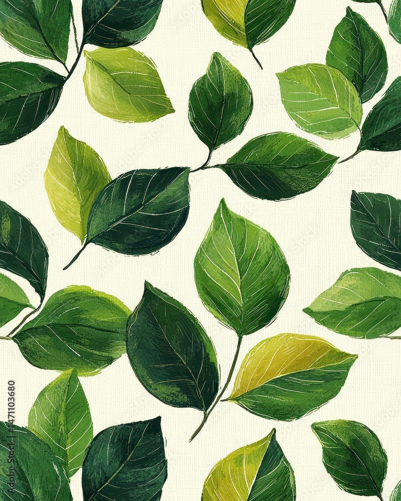 Leafy Pattern of green leaves with branches on off-white textured background Leafy Pattern of green leaves with branches on off-white textured background