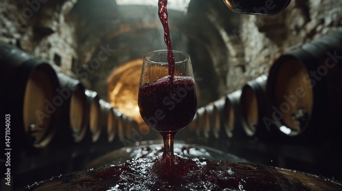 Red wine being poured into a glass in a cellar.