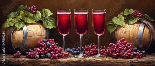 Still life arrangement of wine glasses, grapes, and wooden barrels.