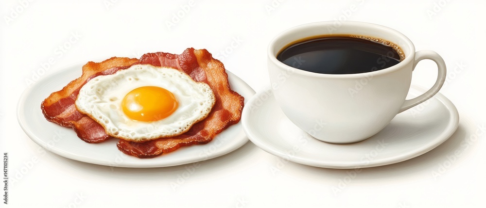 Delicious breakfast of fried egg and bacon with coffee. Delicious breakfast of fried egg and bacon with coffee.