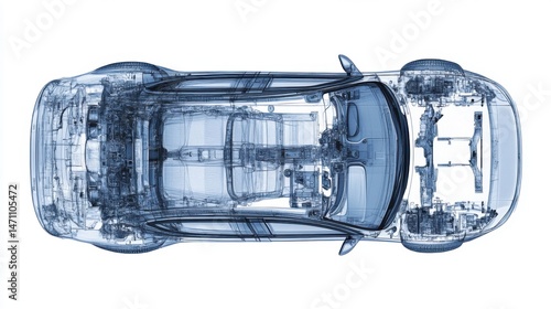 Car X-Ray View from Above Showing Internal Components and Design Details on White Background Modern Blue Toned