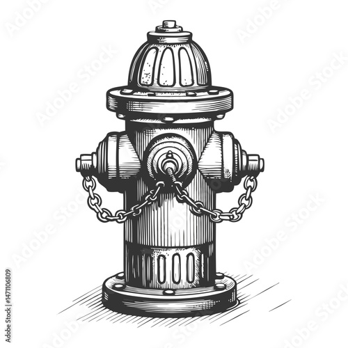 fire hydrant, featuring chains, bolts, and vertical ribbing in a stylized design
