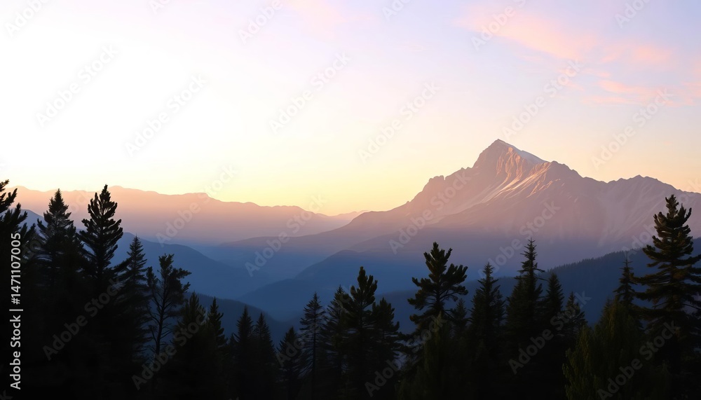 Obraz premium Panoramic view of majestic mountain silhouettes at dawn, pine forest in foreground, art, wilderness
