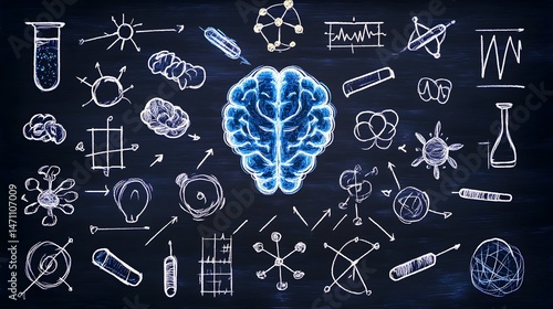A blue brain sits in the center of a chalkboard surrounded by white chalk drawings representing science and ideas