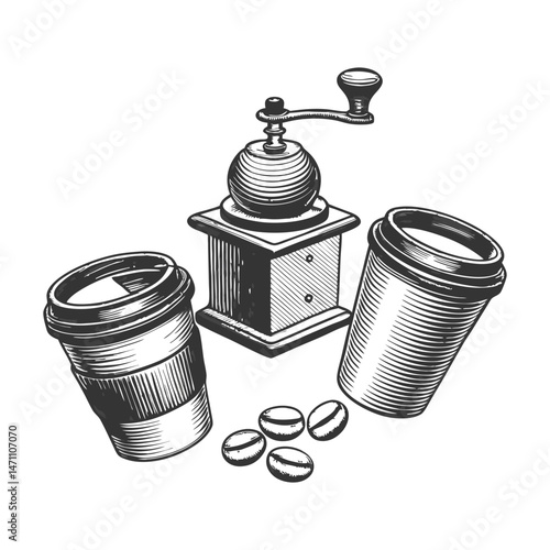 
coffee cup set collection bundle sketch engraving