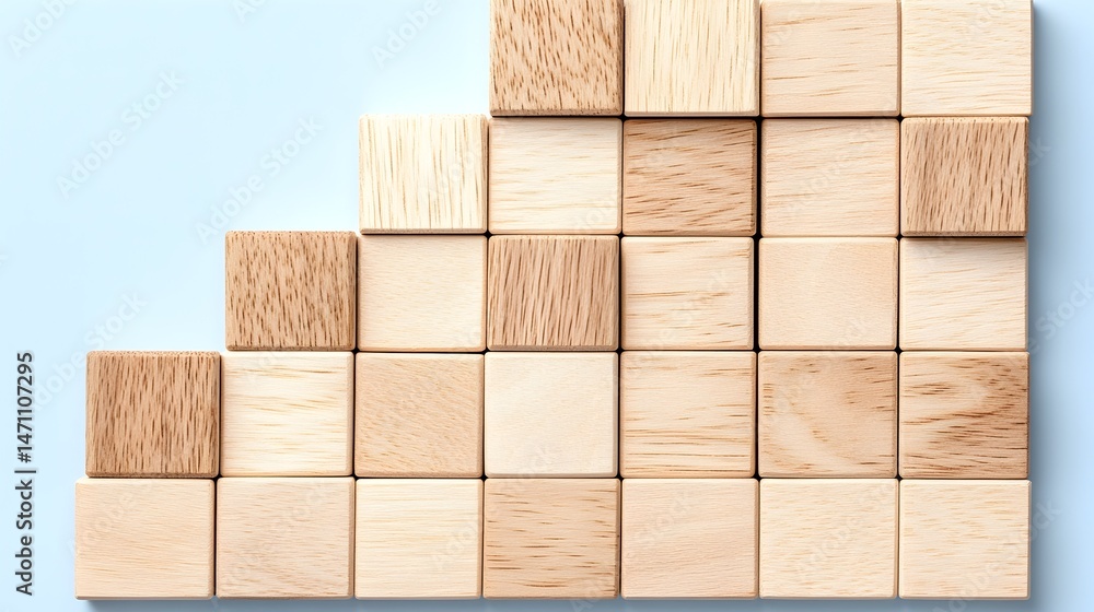 A cascade of wooden blocks arranged in a staggered pattern against a light blue background A cascade of wooden blocks arranged in a staggered pattern against a light blue background
