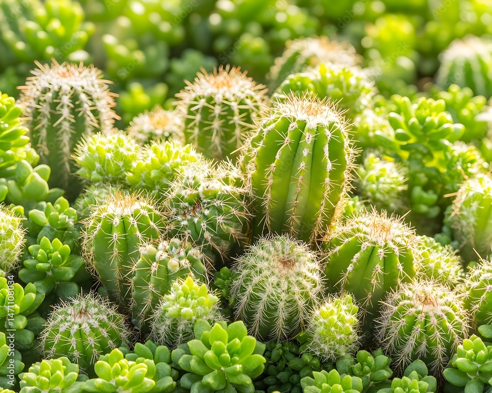 A close-up view of a cluster of green cacti, some with white spines, growing amongst smaller succulent plants, bathed in warm sunlight A close-up view of a cluster of green cacti, some with white spines, growing amongst smaller succulent plants, bathed in warm sunlight