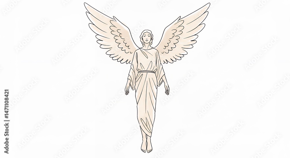 Fototapeta premium Angel with extended wings illustration in soft hues on white background