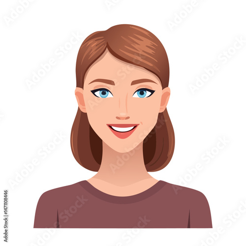 Flat Vector. Portrait of only one Woman. Simple Background.