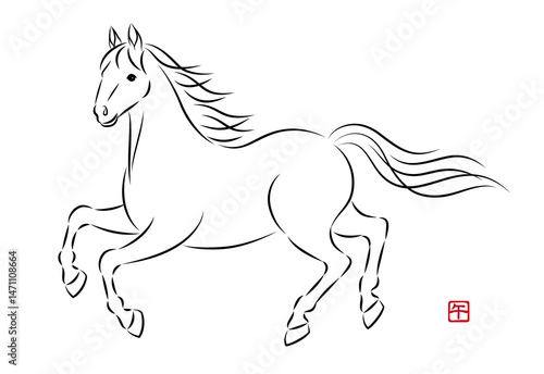 走っている美しい白馬のイラスト 墨絵風でお洒落な午年の年賀状素材