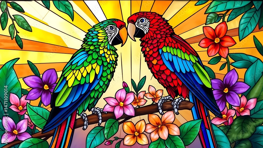 Vibrant tropical parrots perched on a branch surrounded by exotic flowers and foliage Vibrant tropical parrots perched on a branch surrounded by exotic flowers and foliage