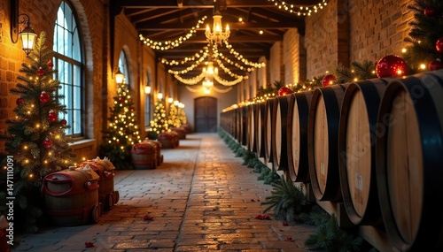 A festive holiday scene at a winery, featuring decorated barrels and twinkling lights , cozy, winter wonderland