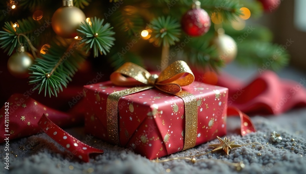 A beautifully wrapped Christmas present sits beneath a sparkling Christmas tree, adorned with festive ornaments , red, celebration, joy A beautifully wrapped Christmas present sits beneath a sparkling Christmas tree, adorned with festive ornaments , red, celebration, joy