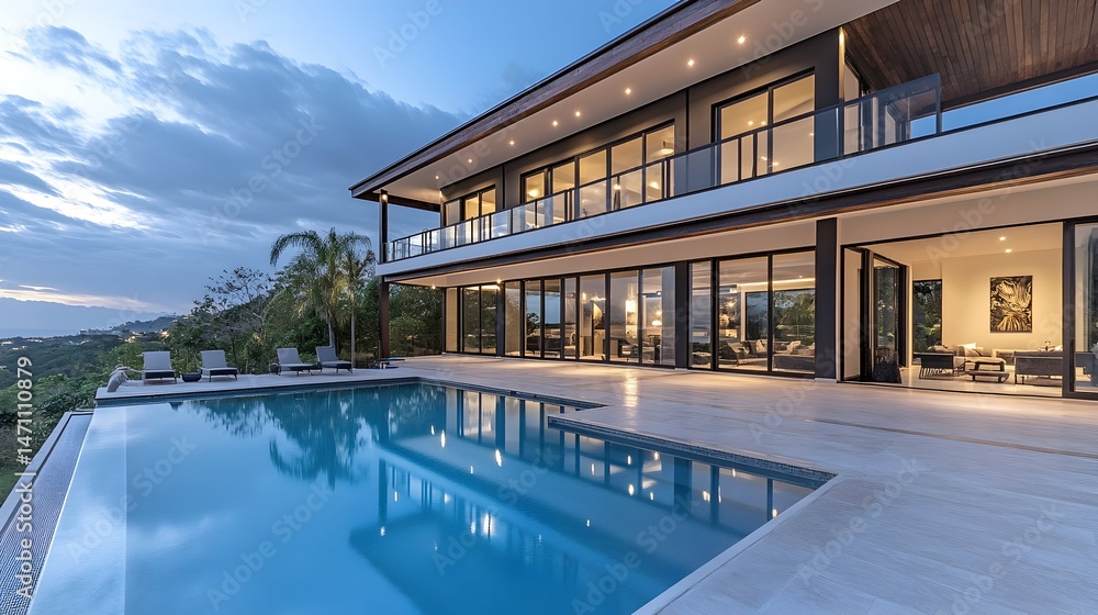 Obraz premium A modern, two-story house with a large pool overlooking a valley at dusk
