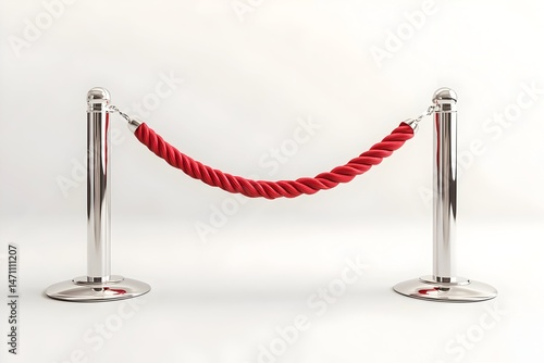 A red velvet rope is strung between two chrome stanchions on a white backdrop