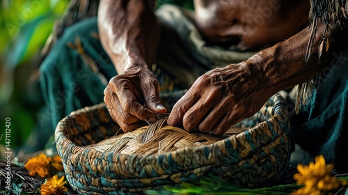 An indigenous person meticulously weaves a traditional basket from natural materials, showcasing their craftsmanship and preserving cultural heritage in lush surroundings.