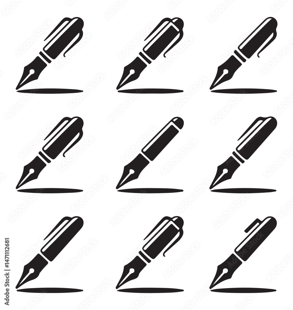 Collection of Various Pen Designs, Black Ink Pens, Different Types of Pens, Stationery Icons, Writing Tools Collection Collection of Various Pen Designs, Black Ink Pens, Different Types of Pens, Stationery Icons, Writing Tools Collection