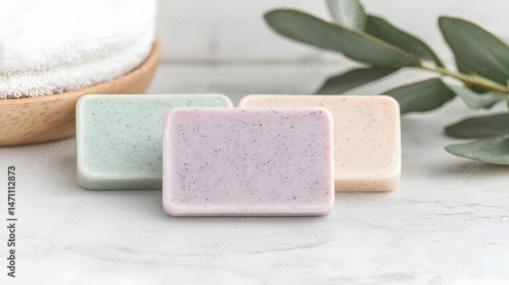 Pastel Colored Handmade Soap Bars on Marble Surface Pastel Colored Handmade Soap Bars on Marble Surface