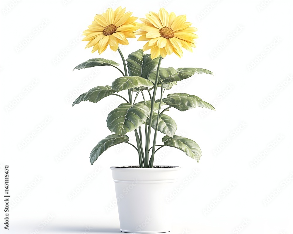 Obraz premium Two yellow flowers with green leaves in a white pot against a white background