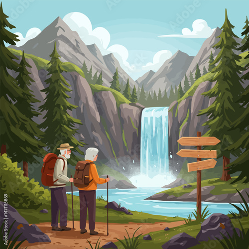Seniors Hiking to Waterfall in Mountain Landscape with Trail Markers