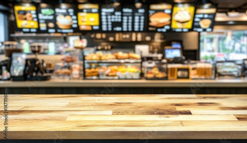 Empty wooden counter in fast food restaurant