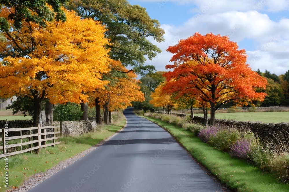Naklejka premium Winding country road bordered by colorful autumn trees
