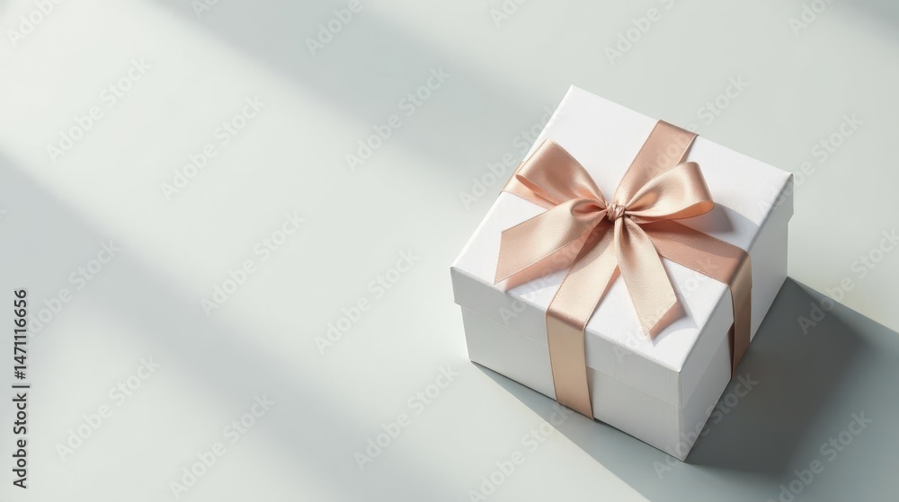 Fototapeta premium Elegant White Gift Box with a Delicate Peach Ribbon, Bathed in Soft Sunlight